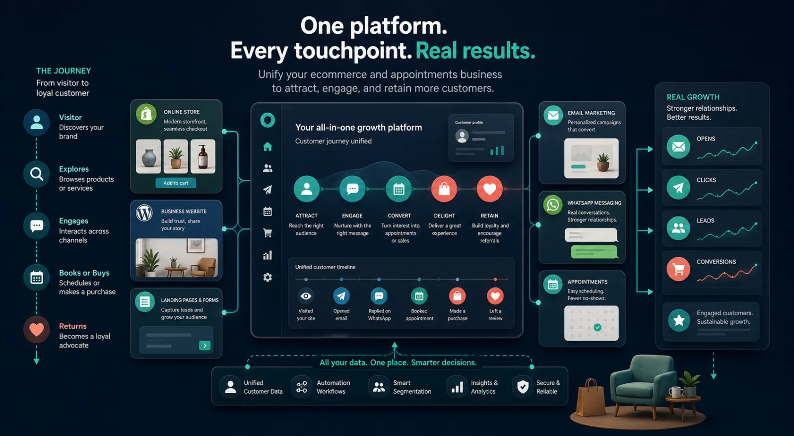 WebPlatform customer journey connecting website, messaging, appointments, commerce, and retention